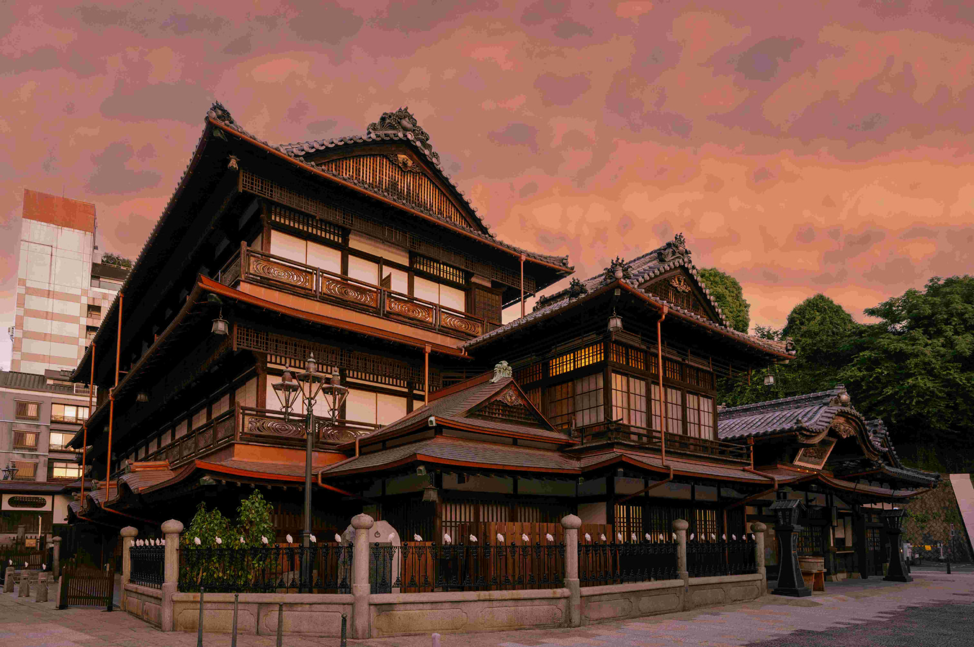 Dogo Onsen Honkan wooden bathhouse glowing at dusk