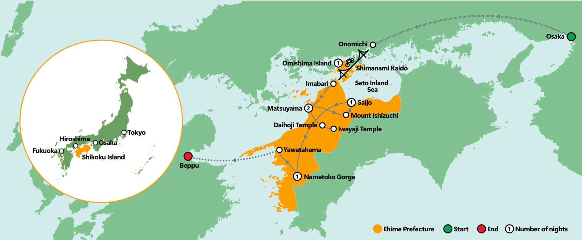 Map of the Ehime Adventure Trail route from Osaka through the Shimanami Kaido, Matsuyama, Mt. Ishizuchi and Nametoko Gorge to Beppu