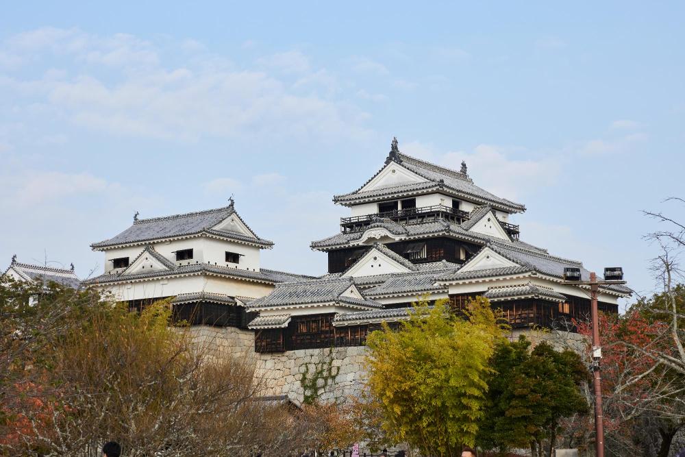 Matsuyama Castle keep with white walls and tiled roofs